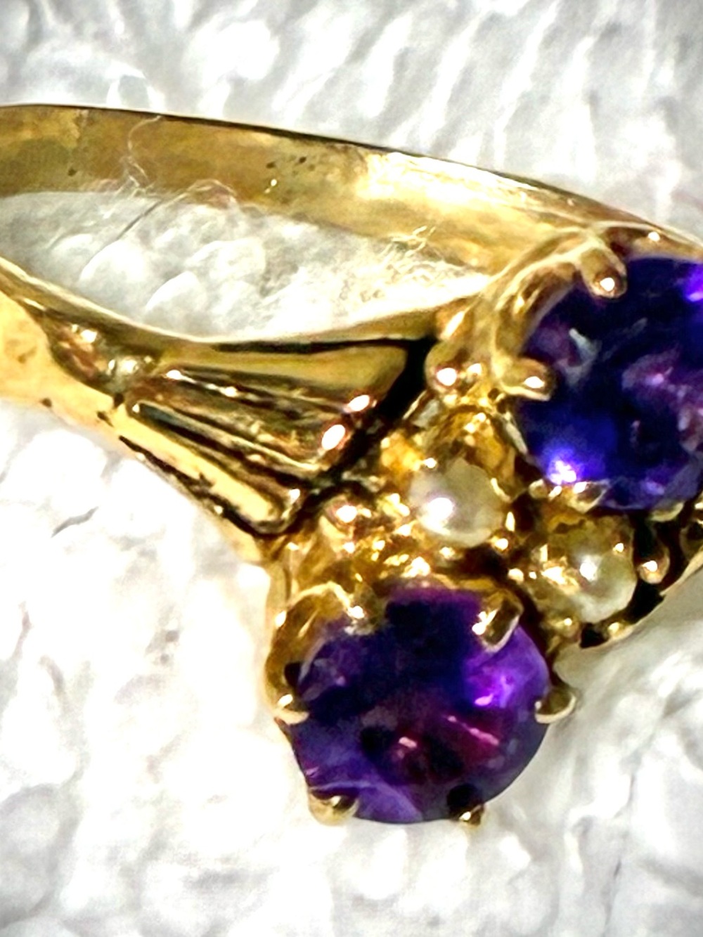 Petite Fine 14K Gold Amethyst and Pearl Cluster Ring Size 6